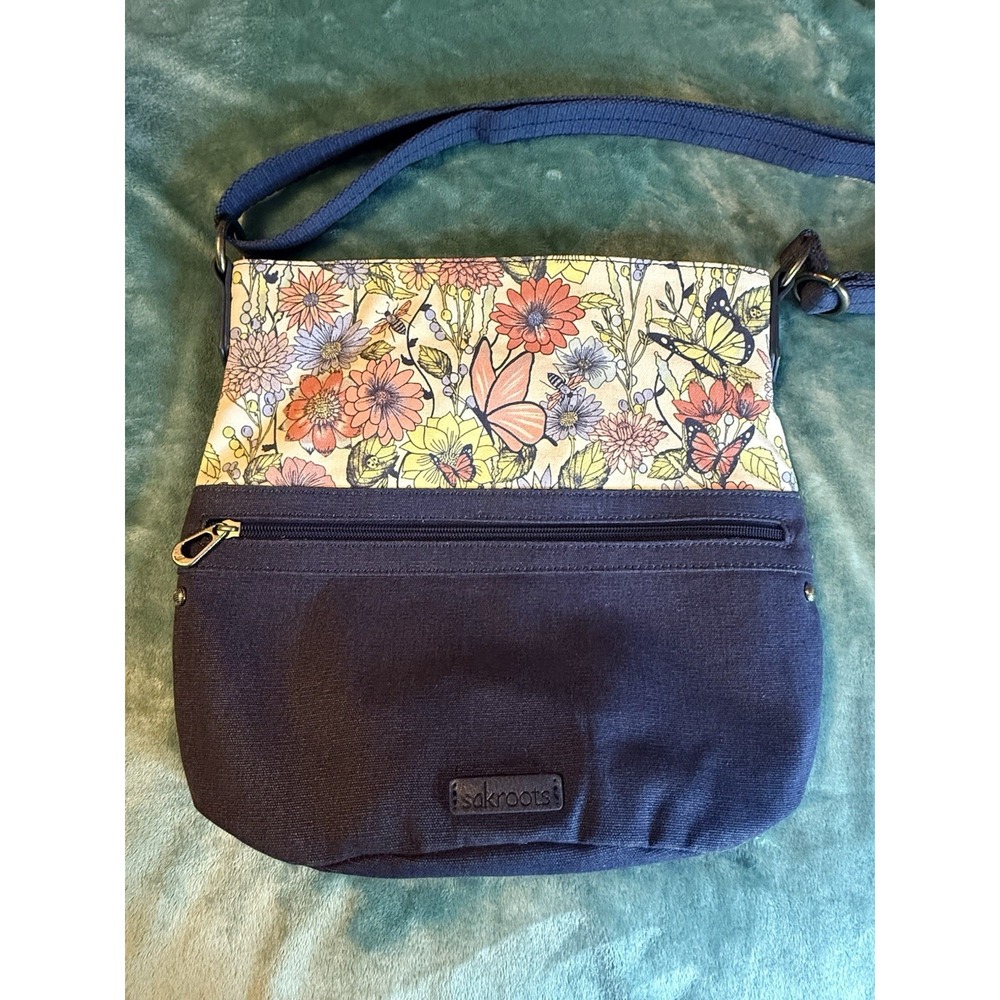 Sakroots Crossbody‎ Bag Purse Floral Butterfly Print Navy Blue Canvas 13x12